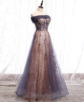 Unique Tulle Off Shoulder Lace Long Semi Formal Prom Dress, Lace Semi Formal Prom Dress